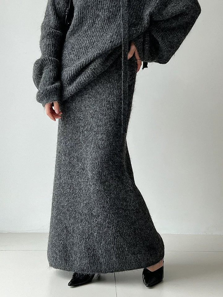 ウール混ニットリボン付きセータースカートセット