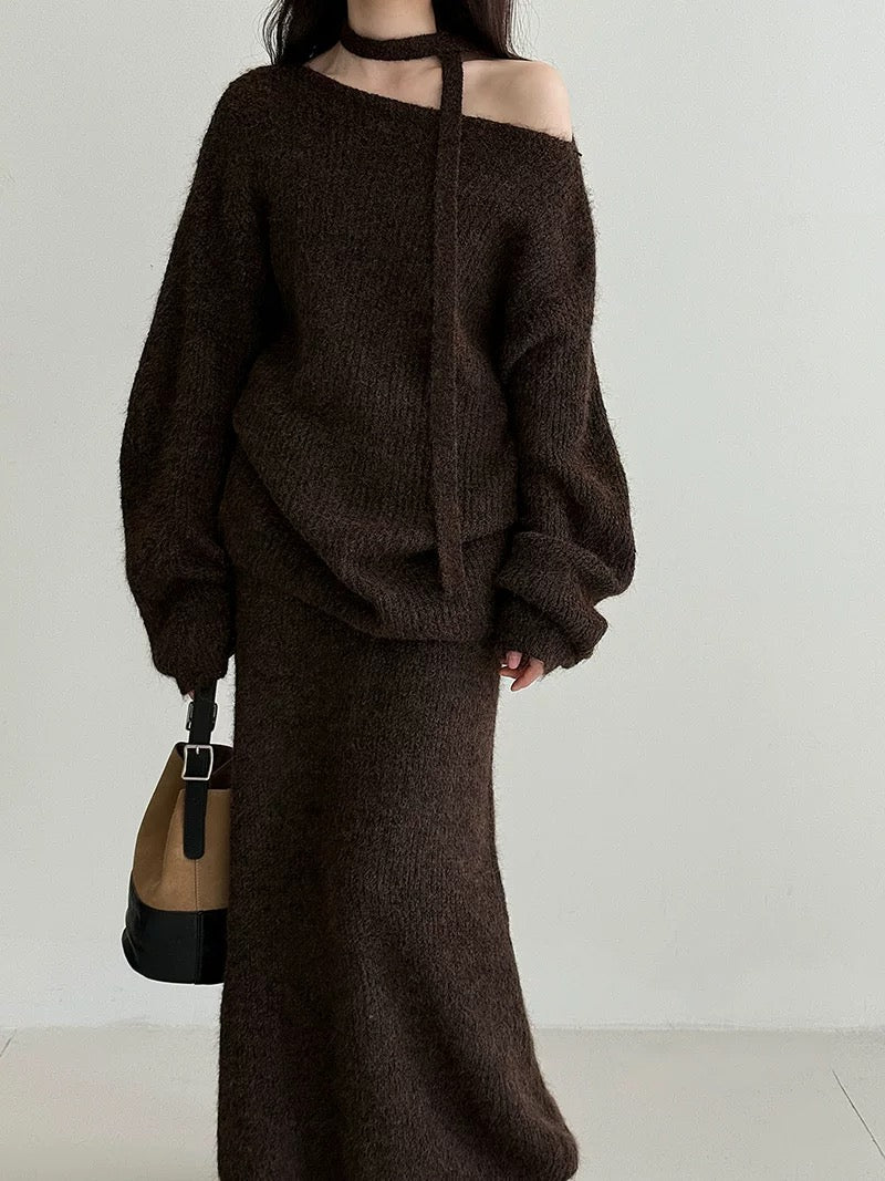 ウール混ニットリボン付きセータースカートセット