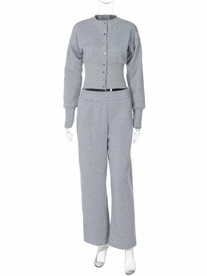 ボタンデザインスウェットワイドパンツセット