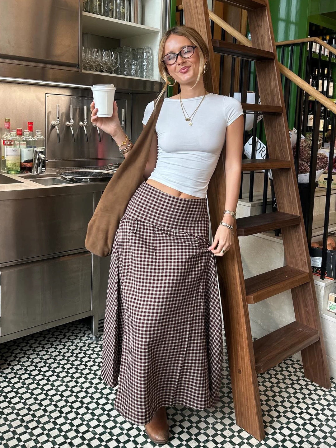 ギンガムチェックヨーク切り替えロングスカート