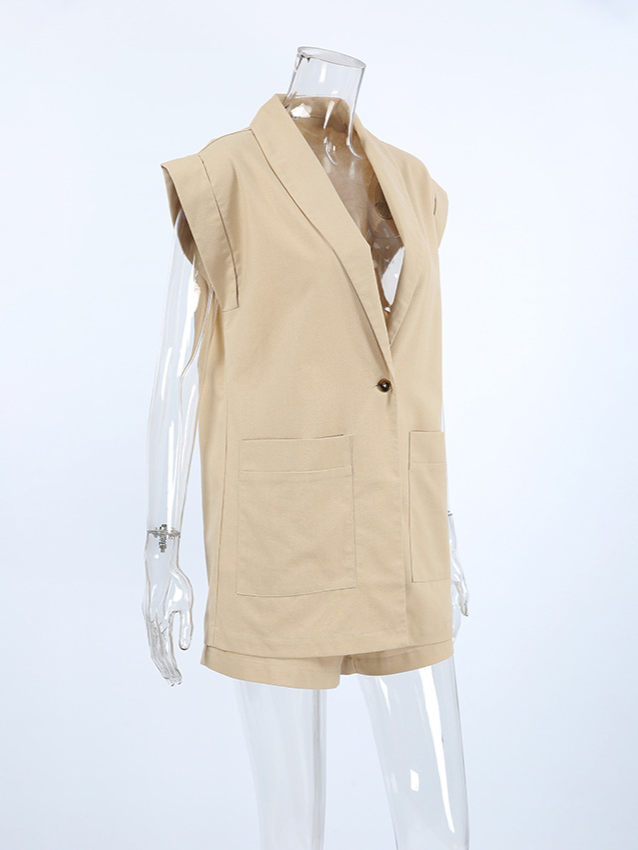 リネンブレンドスリーブレスジャケットショーツセット