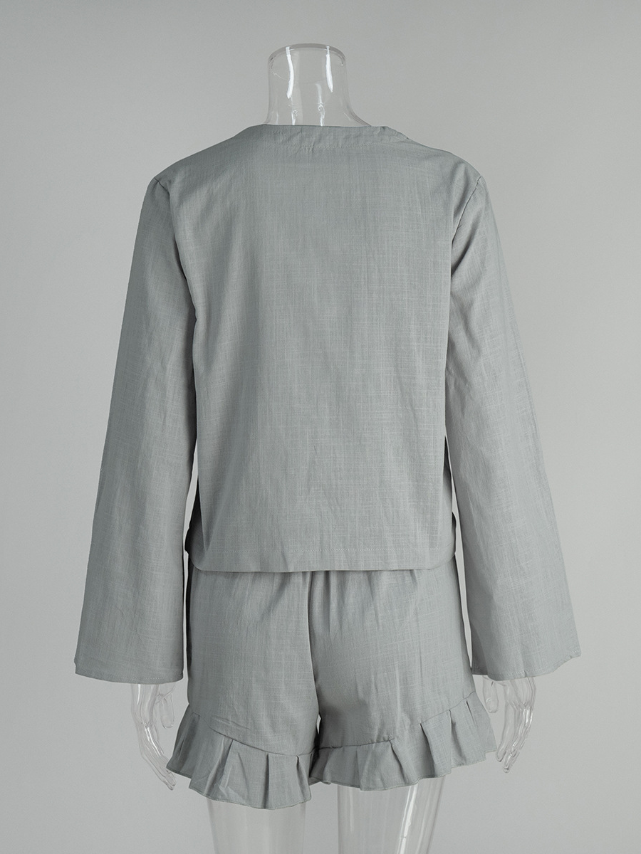 レースアップシャツフリルショートパンツセット