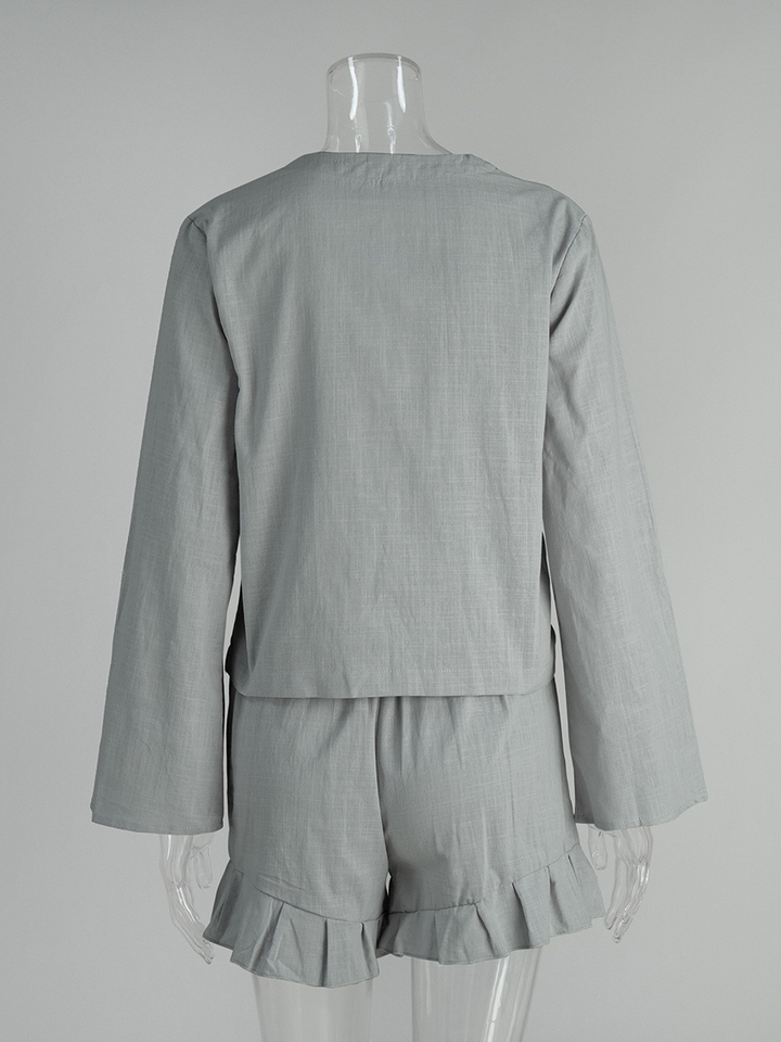 レースアップシャツフリルショートパンツセット