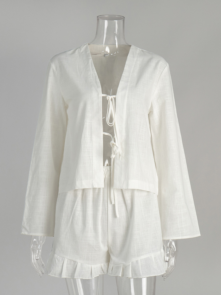 レースアップシャツフリルショートパンツセット