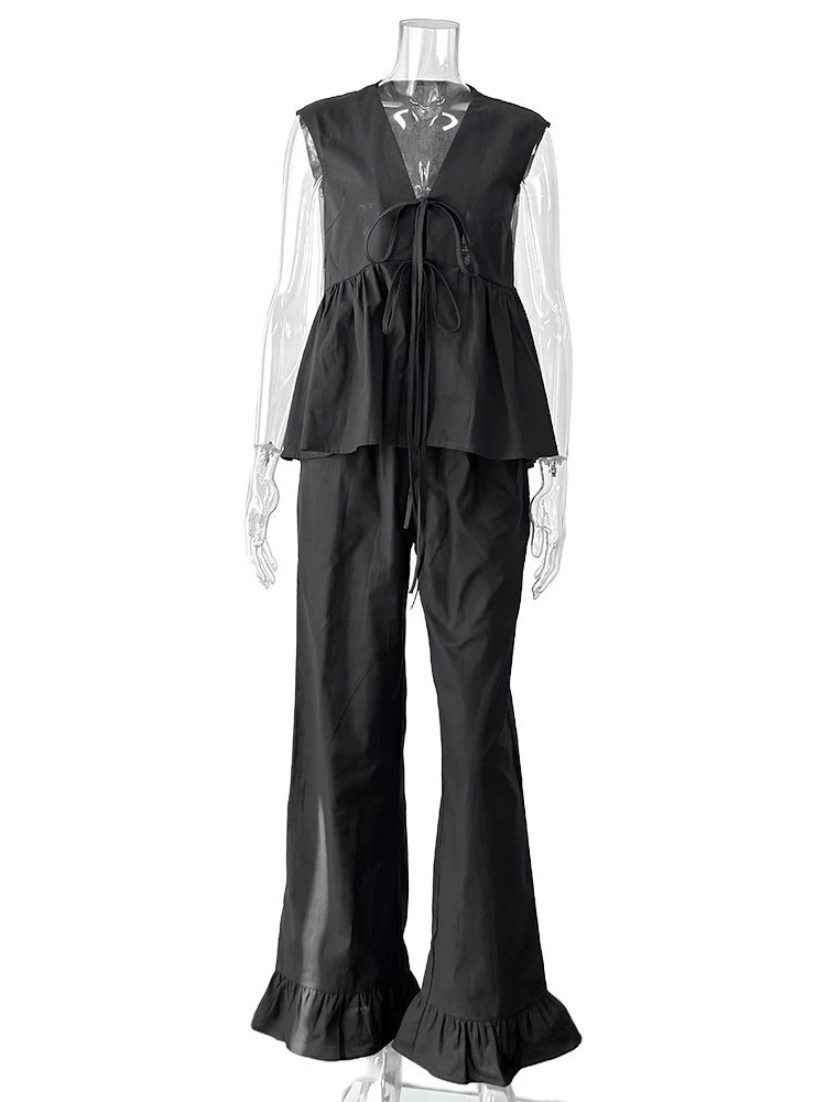 レースアップスリーブレスチュニックフレアパンツセット