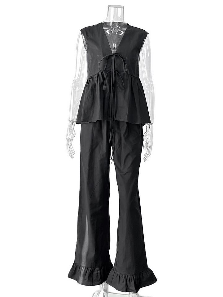 レースアップスリーブレスチュニックフレアパンツセット