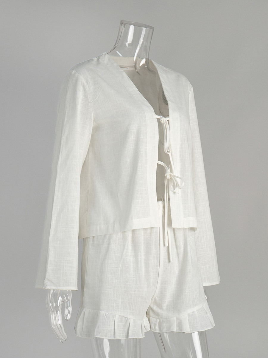 レースアップシャツフリルショートパンツセット