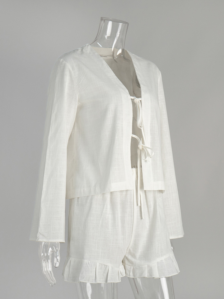 レースアップシャツフリルショートパンツセット