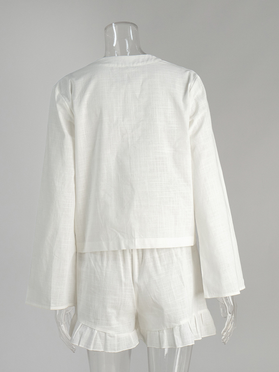 レースアップシャツフリルショートパンツセット