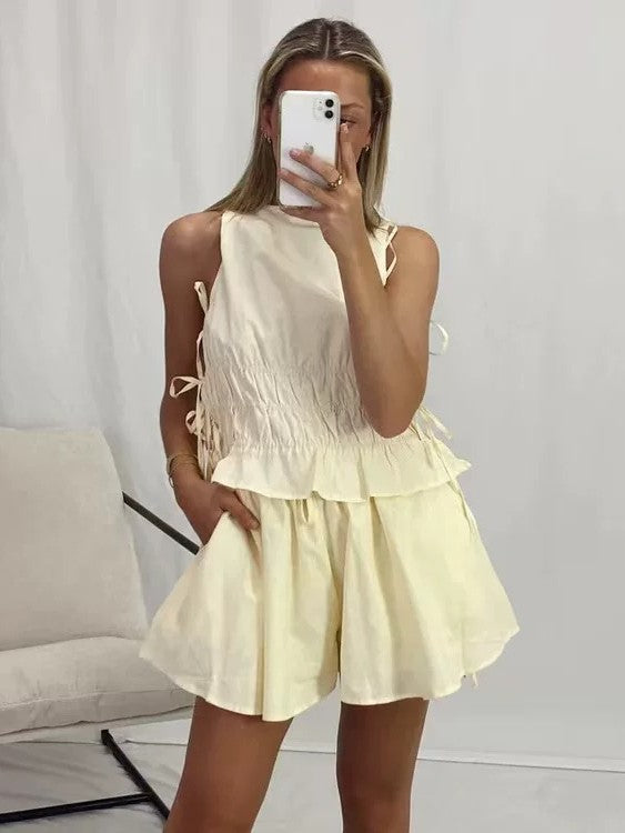 ハーフギャザータンクトップショートパンツセット