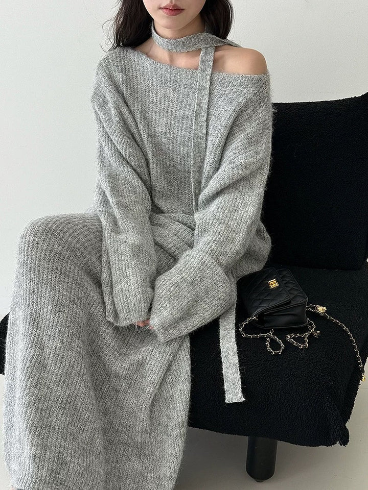 ウール混ニットリボン付きセータースカートセット