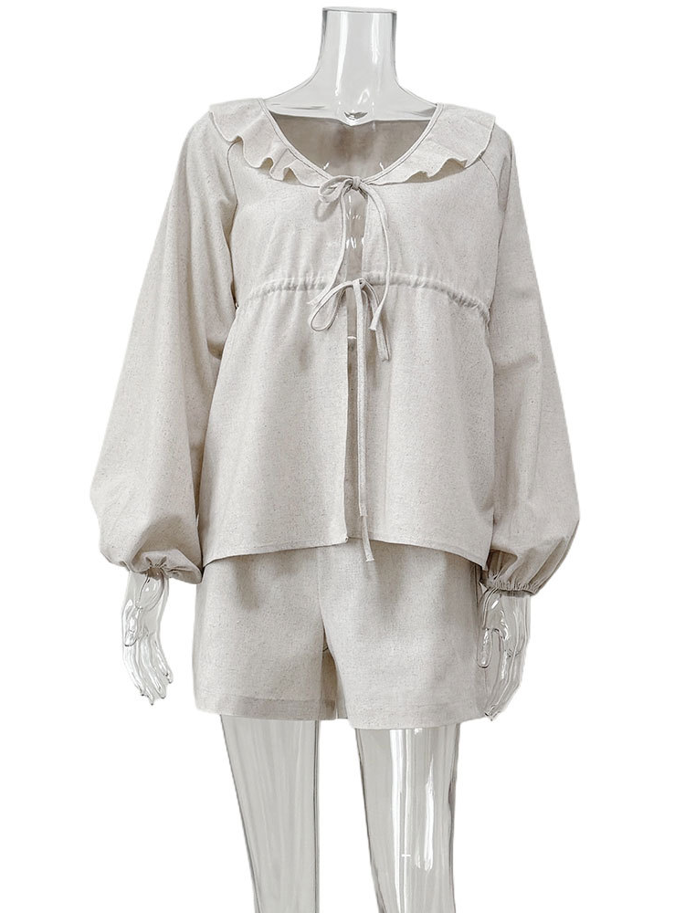 ナチュラルフリルレースアップブラウスショーツセット