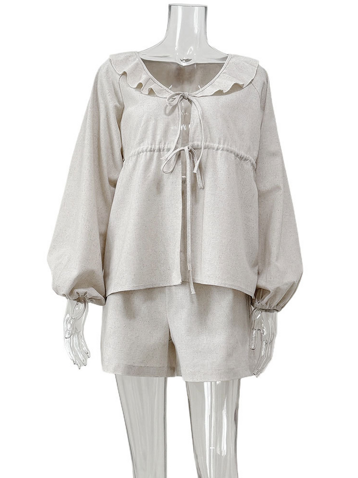 ナチュラルフリルレースアップブラウスショーツセット
