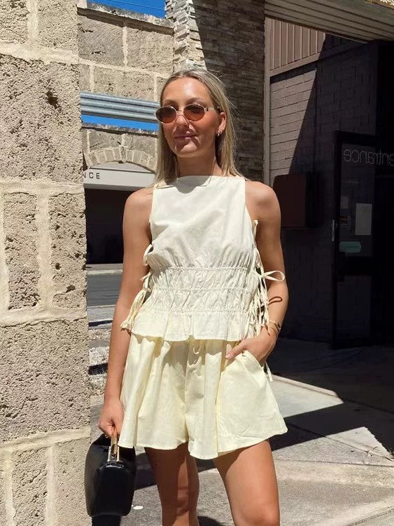 ハーフギャザータンクトップショートパンツセット