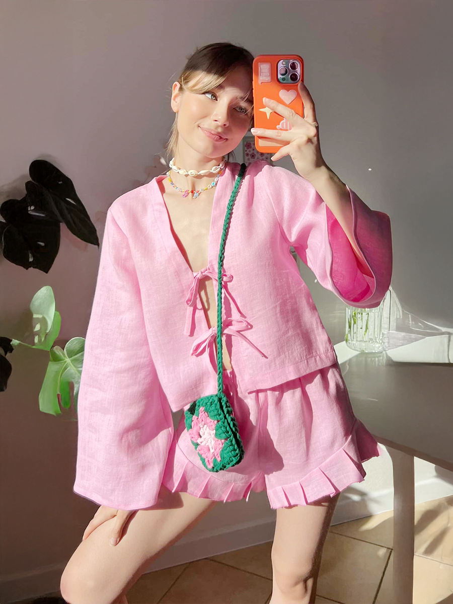 レースアップシャツフリルショートパンツセット