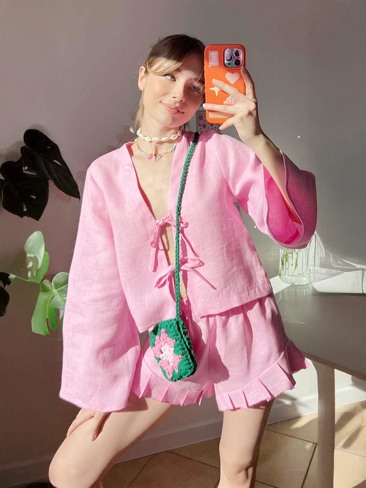 レースアップシャツフリルショートパンツセット