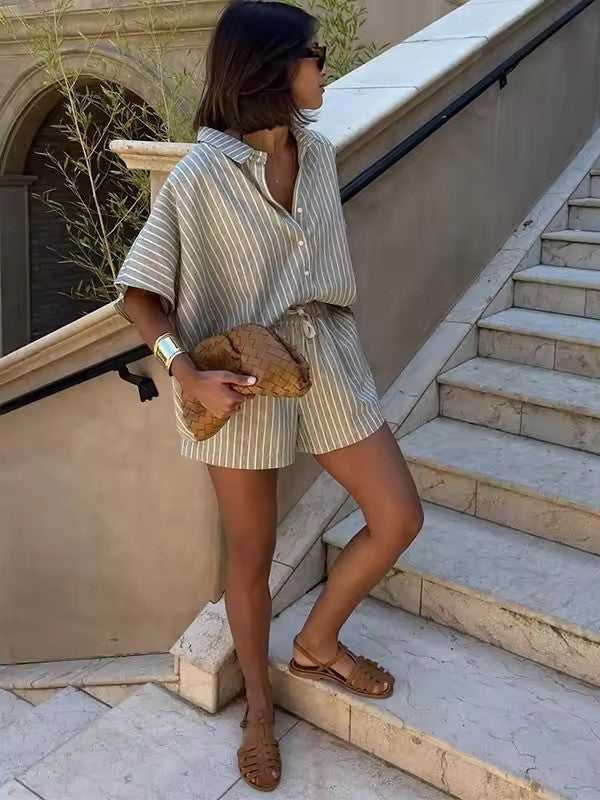ストライプルーズ半袖シャツショーツセット