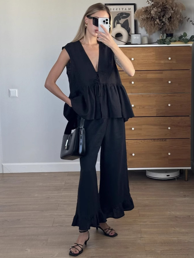 レースアップスリーブレスチュニックフレアパンツセット