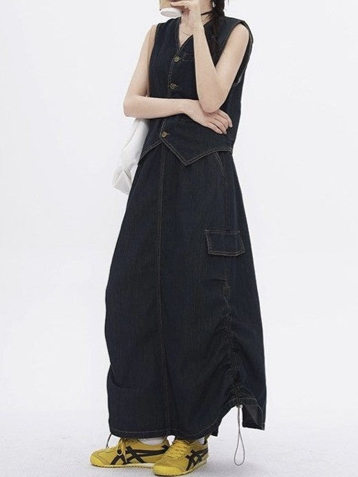 ノンウォッシュデニムベストスカートセット