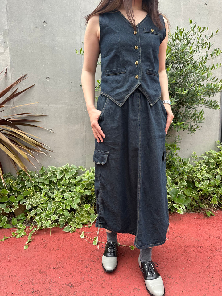 ノンウォッシュデニムベストスカートセット