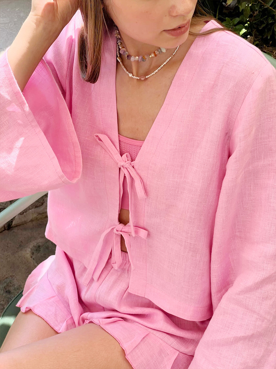 レースアップシャツフリルショートパンツセット