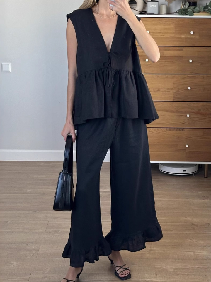 レースアップスリーブレスチュニックフレアパンツセット