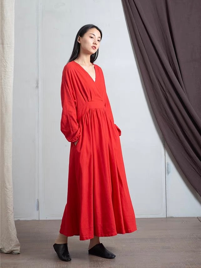 ナチュラルリネンフレア切り替えロングワンピース