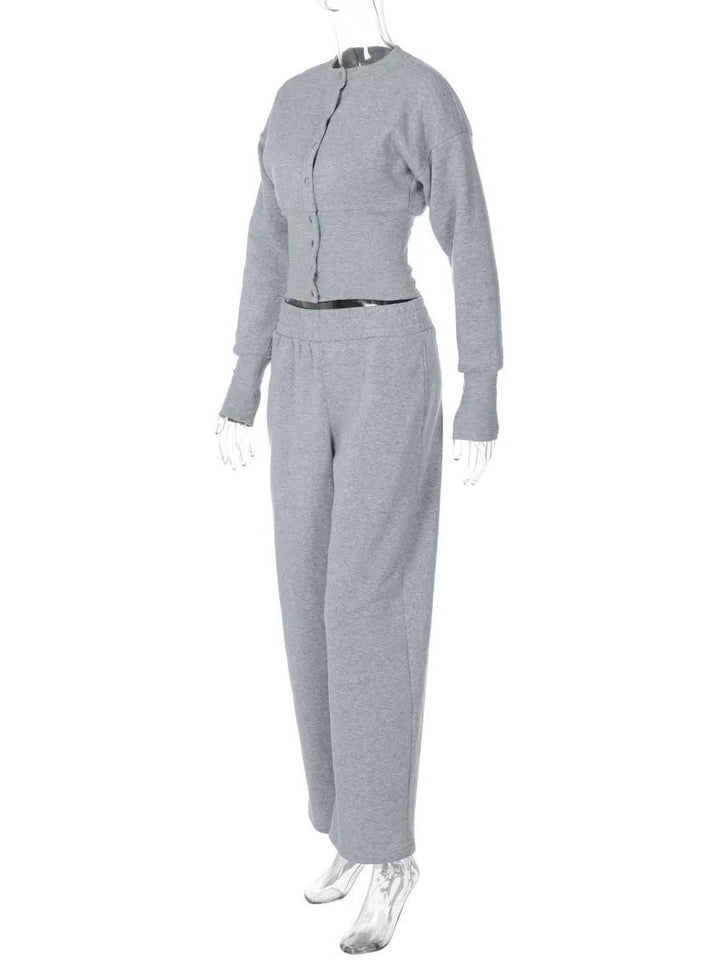 ボタンデザインスウェットワイドパンツセット