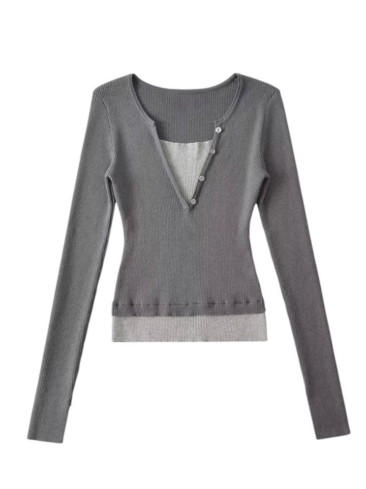 レイヤードバイカラーリブニットトップス