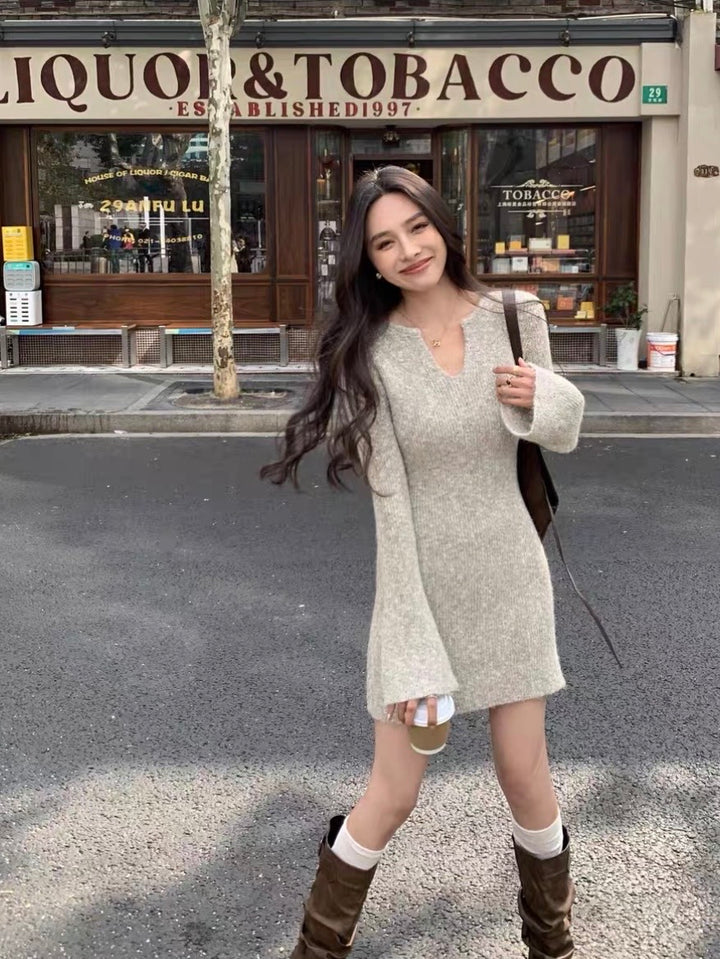 フレアスリーブメランジニットミニワンピース