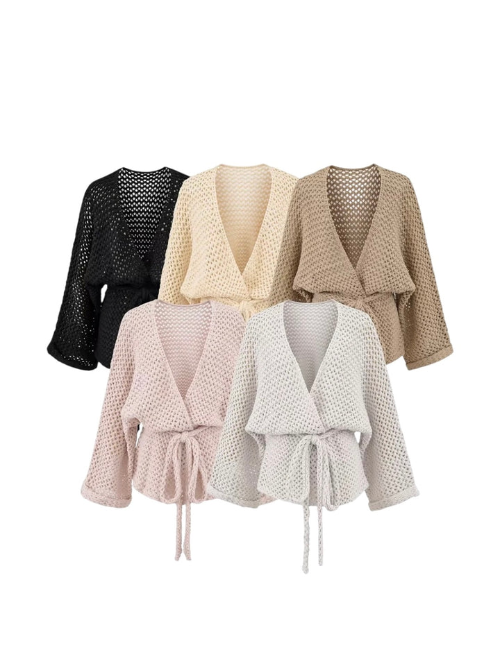 メッシュニットソリッドカラーラップカーディガン