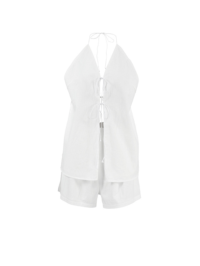 レースアップホルターネックショーツセット