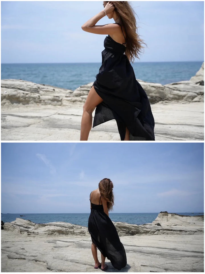 【アウトレット】(即納) ウエストカットキャミソールロングフレアワンピース