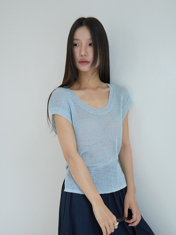 シアーサマーニットリボン付きトップス