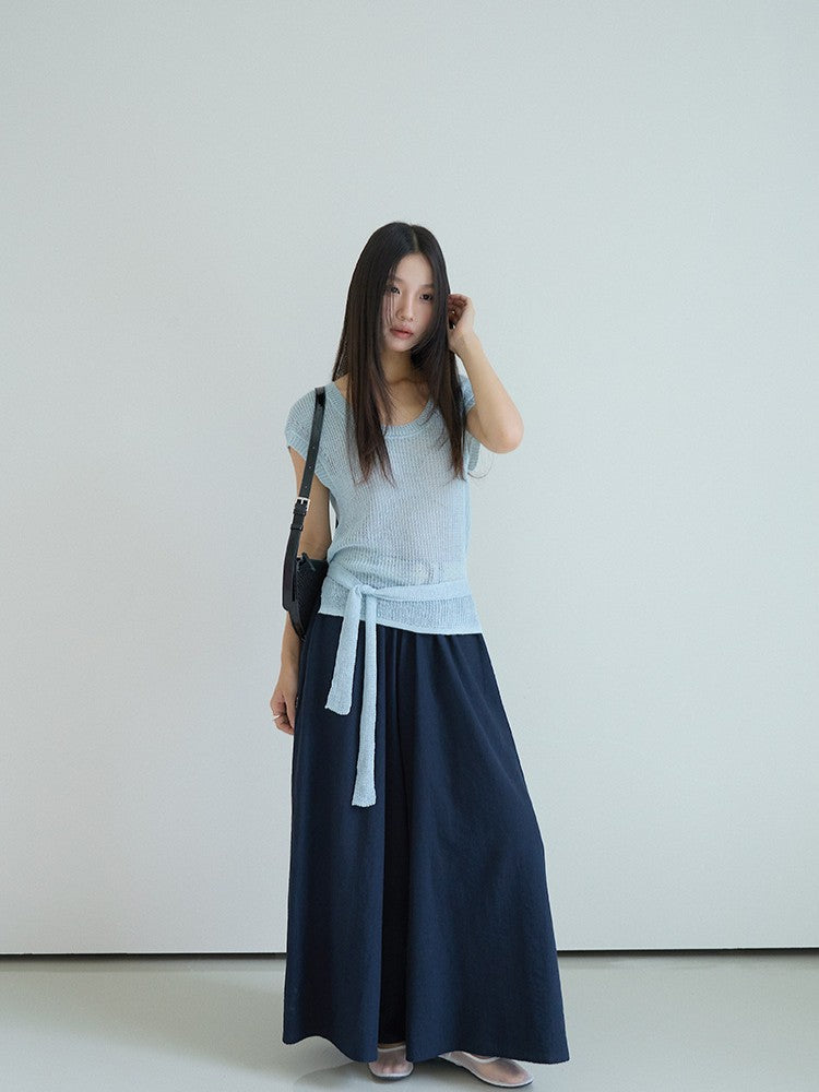 シアーサマーニットリボン付きトップス