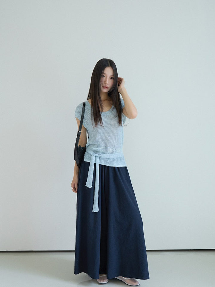 シアーサマーニットリボン付きトップス