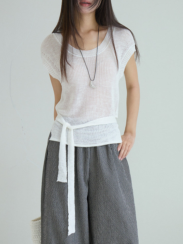 シアーサマーニットリボン付きトップス