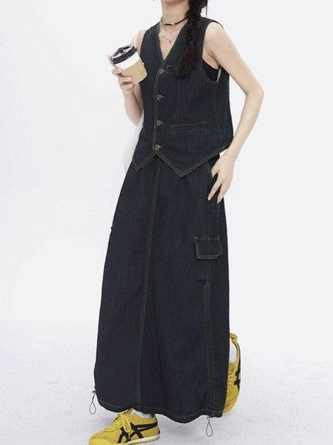 ノンウォッシュデニムベストスカートセット