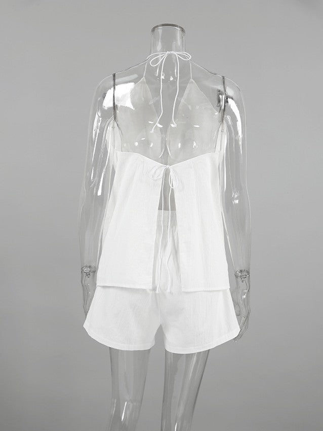 レースアップホルターネックショーツセット