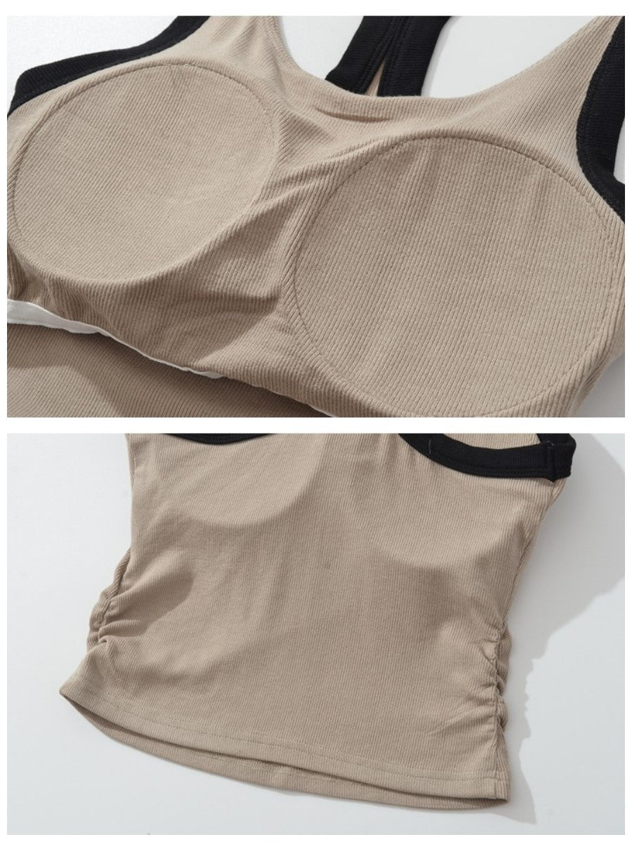 カップ付きバイカラーギャザーリブタンクトップ