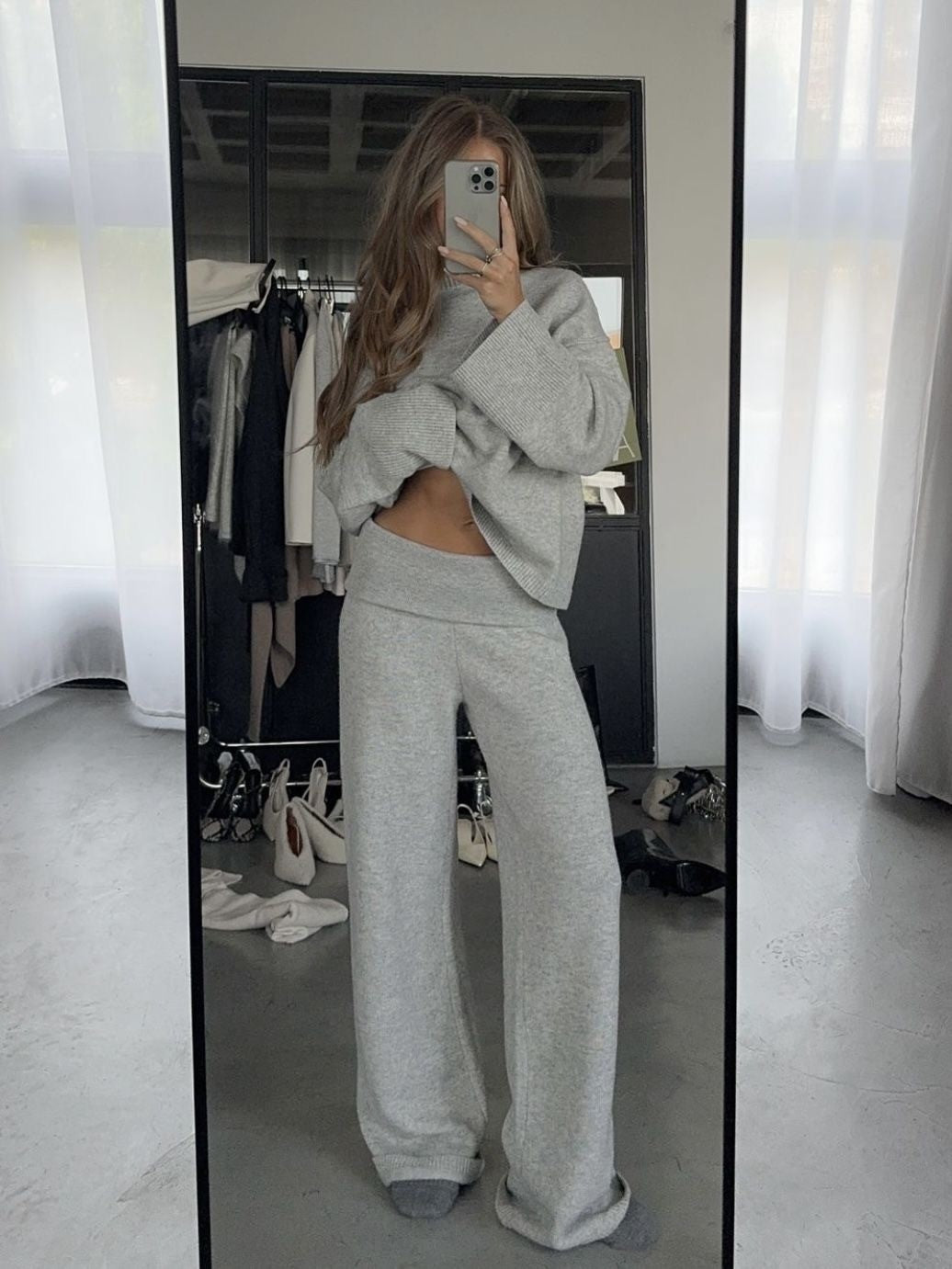 グレーニットフォールドウエストパンツセット