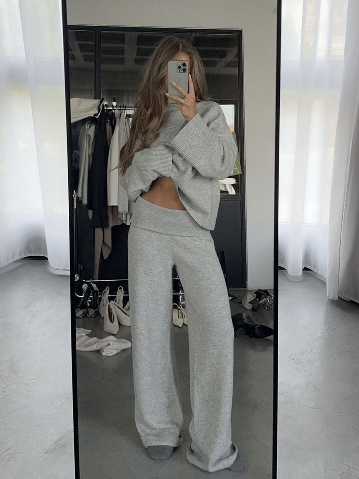 グレーニットフォールドウエストパンツセット