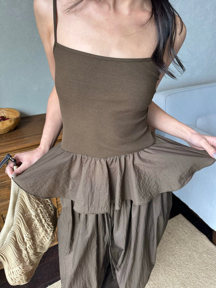 ぺプラムリブ切り替えキャミソールトップス