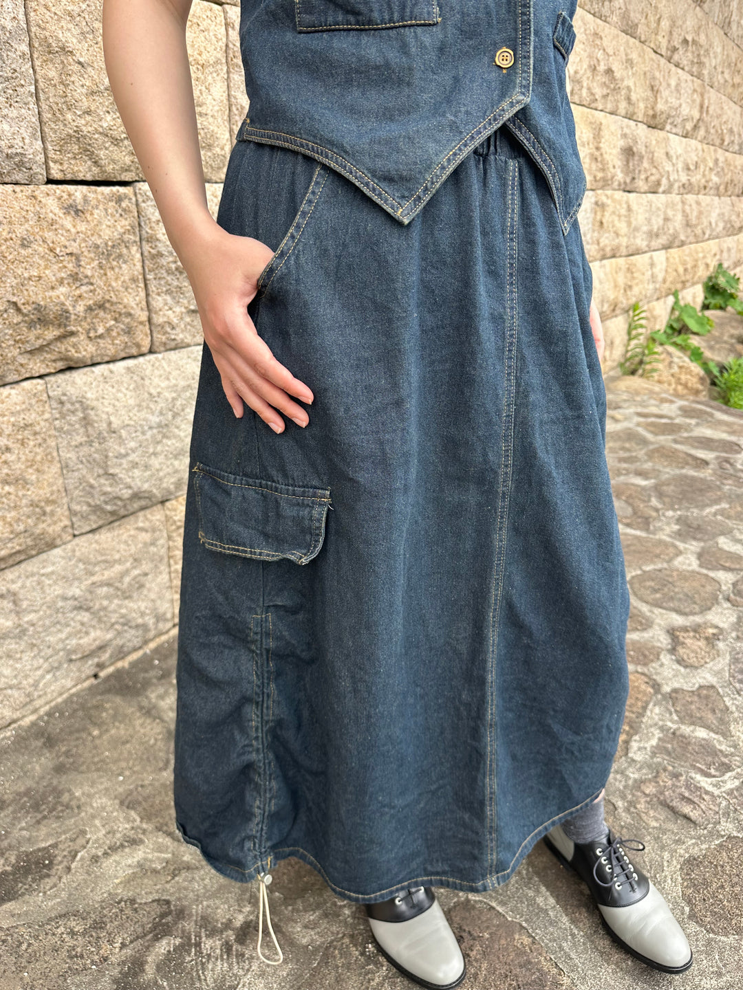 ノンウォッシュデニムベストスカートセット