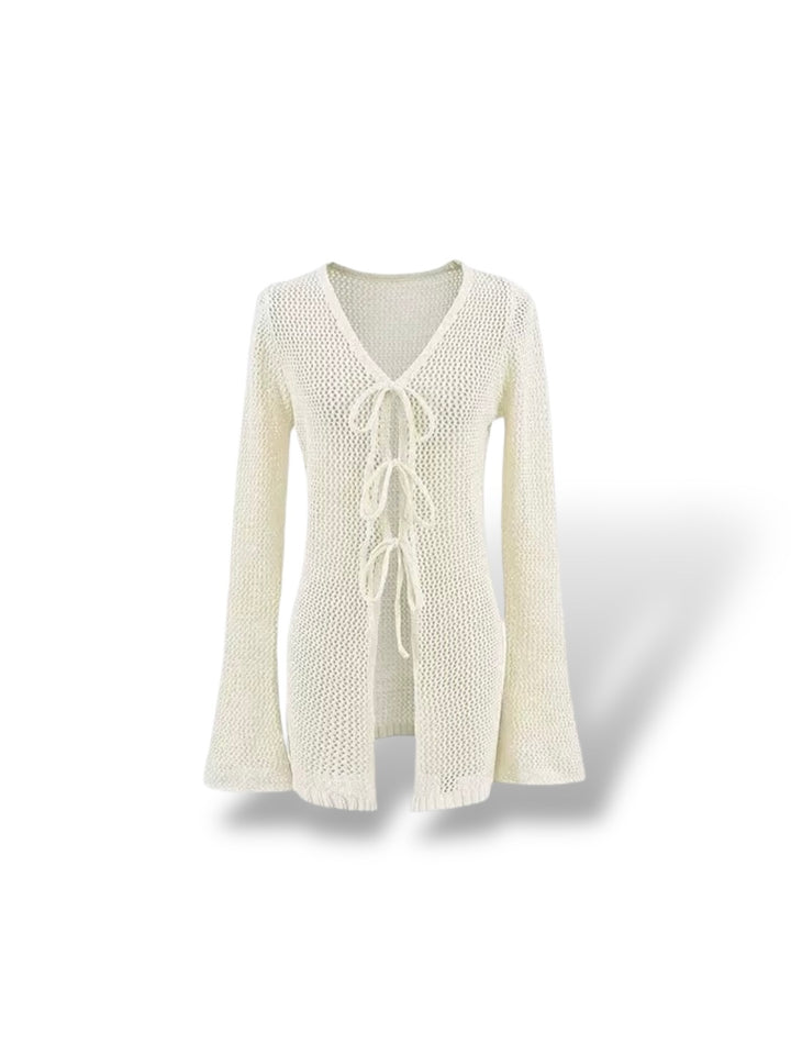 レースアップメッシュニットロングカーディガン
