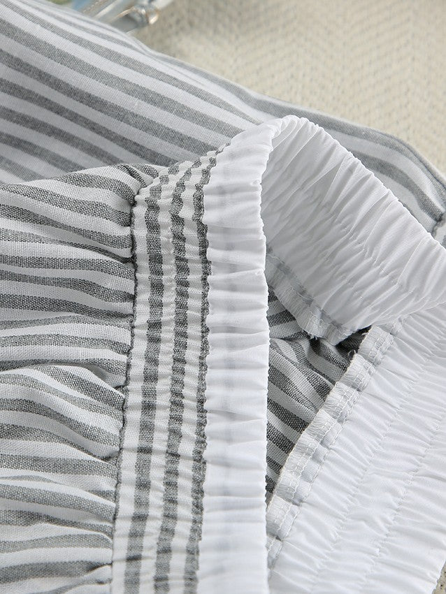 ストライプ長袖シャツダブルウエストパンツセット