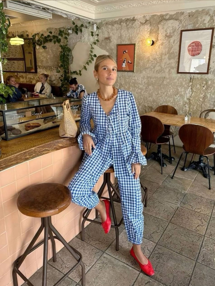 【アウトレット】(即納) チェック柄タイフロントブラウスジョガーパンツセット