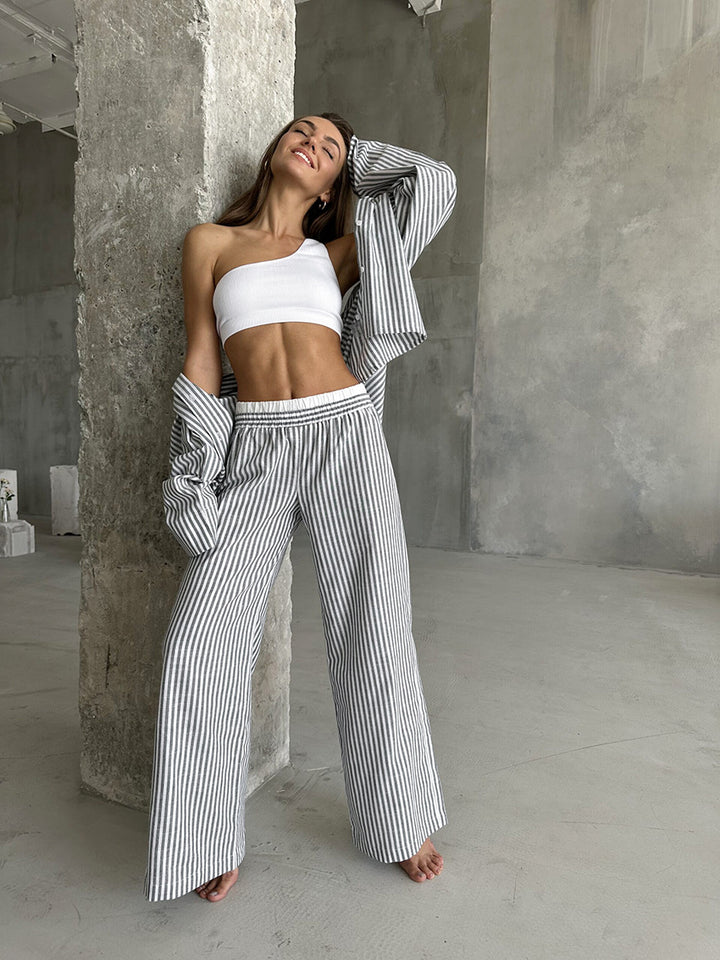 ストライプ長袖シャツダブルウエストパンツセット