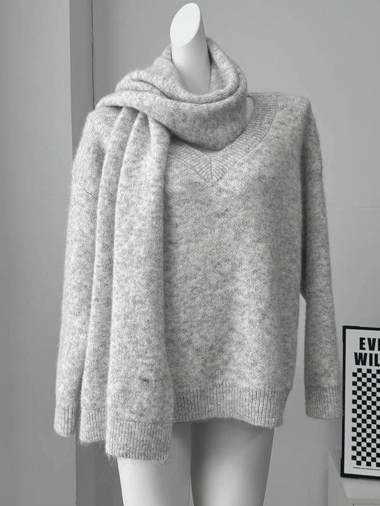 マフラー付きVネックセーター