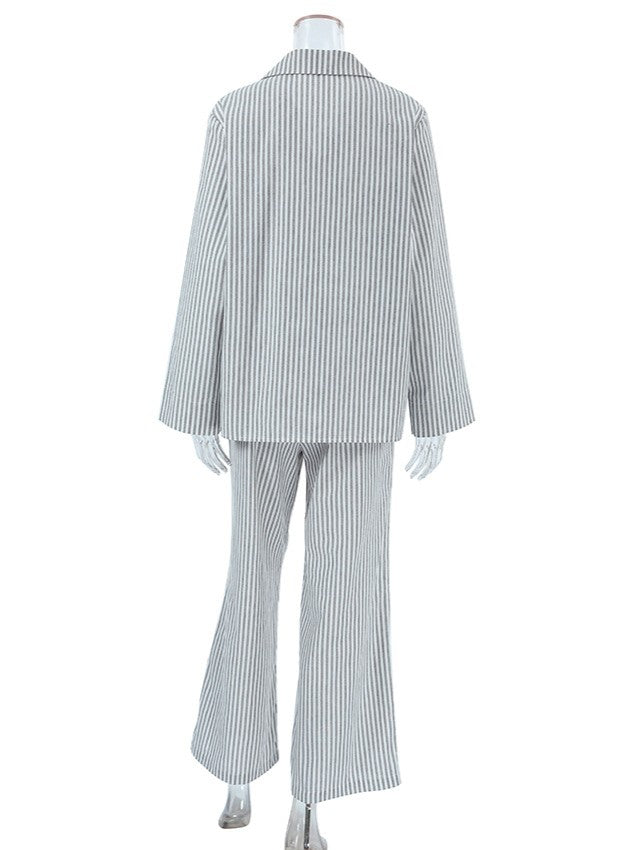 ストライプ長袖シャツダブルウエストパンツセット